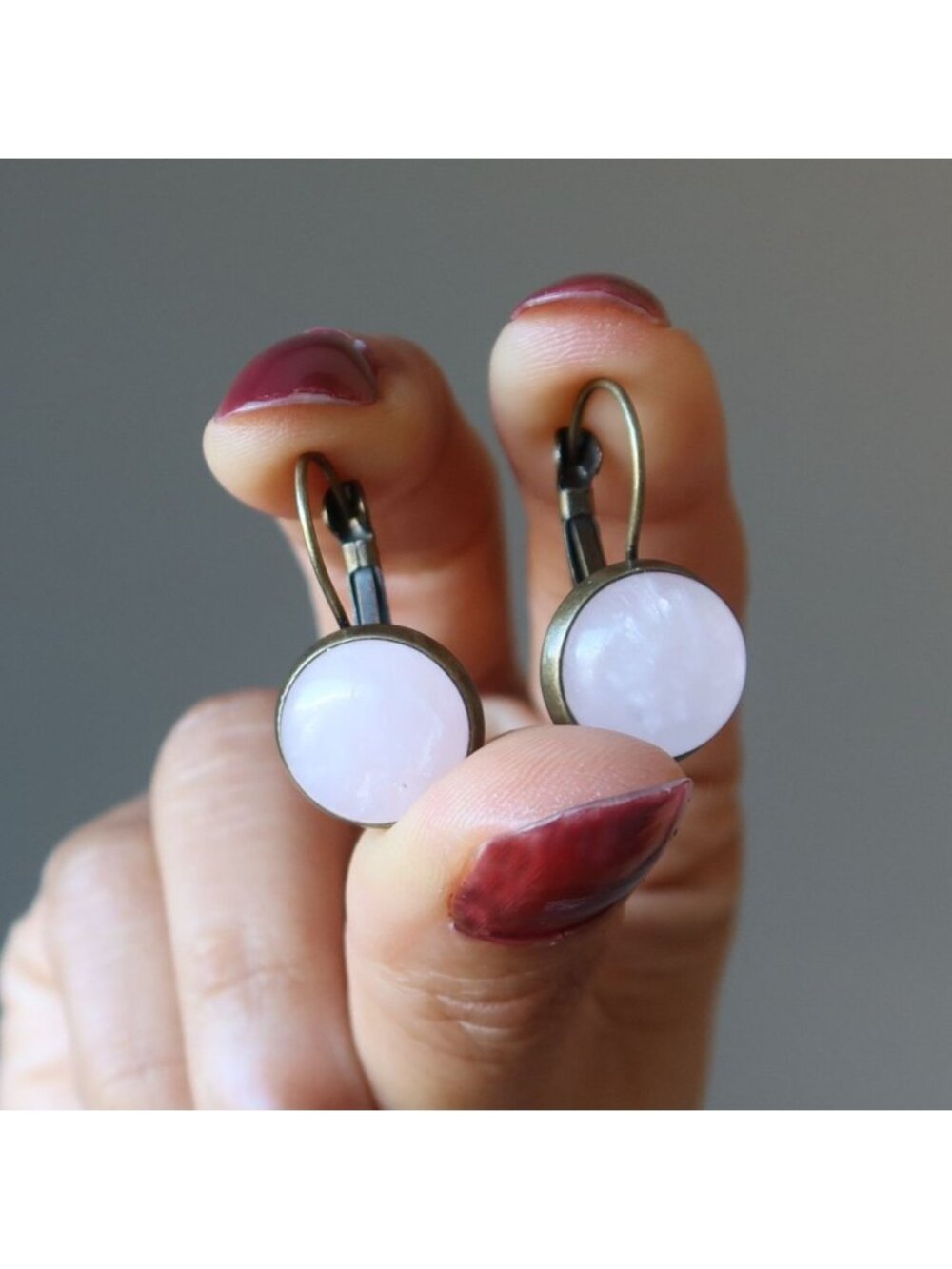 Rose Quartz Earrings Pink Dot Rustic Leverback Dangle Heart Chakra Stone Jewelry